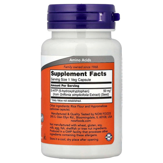 NOW Foods 5-HTP 50 mg – دعم التغذية والنوم والراحة النفسية (30 كبسولة نباتية)