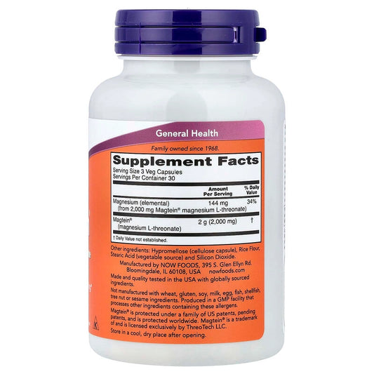 NOW Magtein Magnesium L-Threonate 90 كبسولة نباتية – دعم الذاكرة والصافية