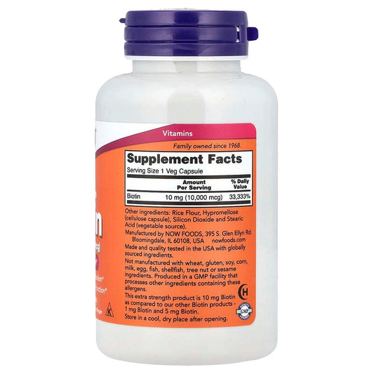 NOW Foods Biotin 10 mg (10,000 mcg) – دعم الشعر والبشرة والأظافر (120 كبسولة نباتية)