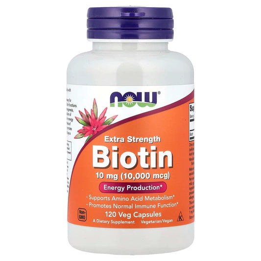 NOW Foods Biotin 10 mg (10,000 mcg) – دعم الشعر والبشرة والأظافر (120 كبسولة نباتية)